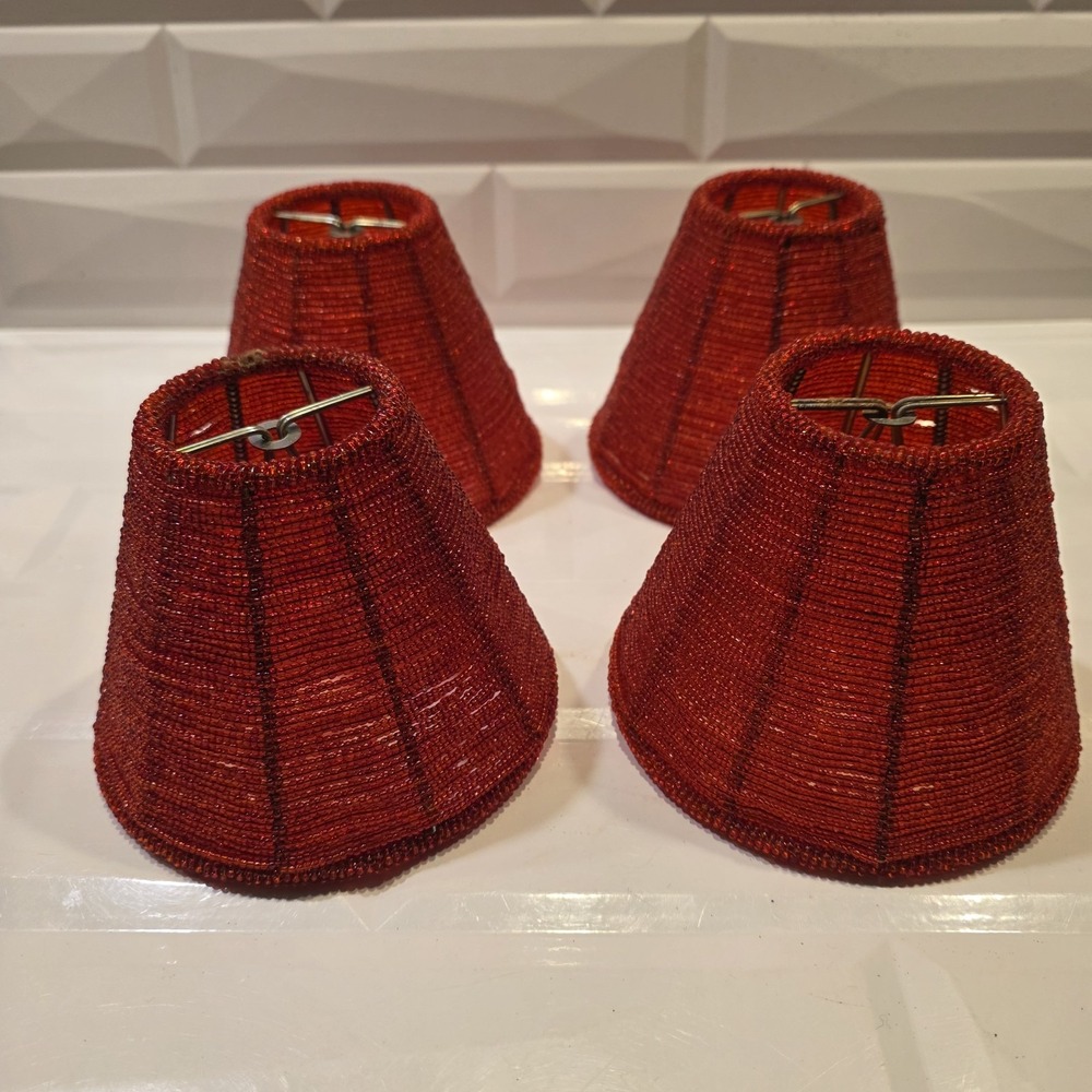Lot Of 4 Beaded Glass Seed Beads Chandelier Shades Red Clip On Candlestick